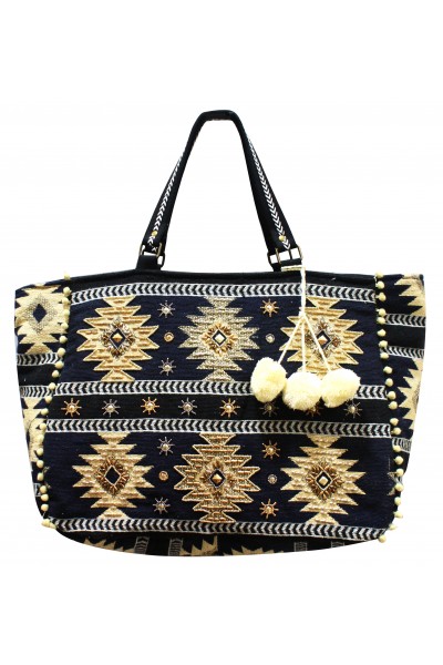 Embellished Navy jacquard shoulder bag
